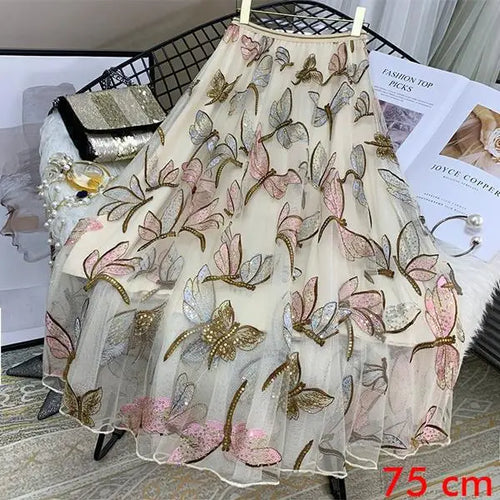 Load image into Gallery viewer, Sequin Mesh Embroidery Dragonfly Long Skirt Women's Spring And Summer Slim High Waist Pleated Sweet  Midi Tulle Skirts Female
