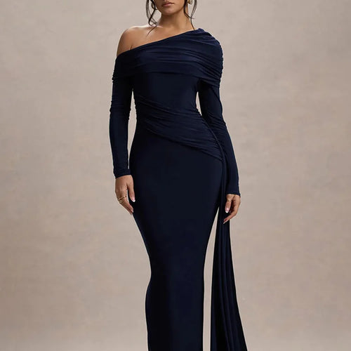 Load image into Gallery viewer, Elegant Long Sleeve Slanted Shoulder Party Club Evening Dress For Women 2025 New Dress Sexy Shrink Fold Winter Vestidos
