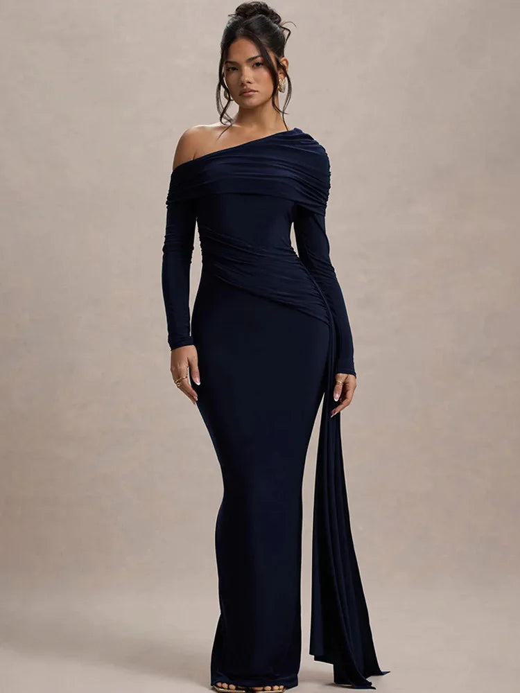 Elegant Long Sleeve Slanted Shoulder Party Club Evening Dress For Women 2025 New Dress Sexy Shrink Fold Winter Vestidos