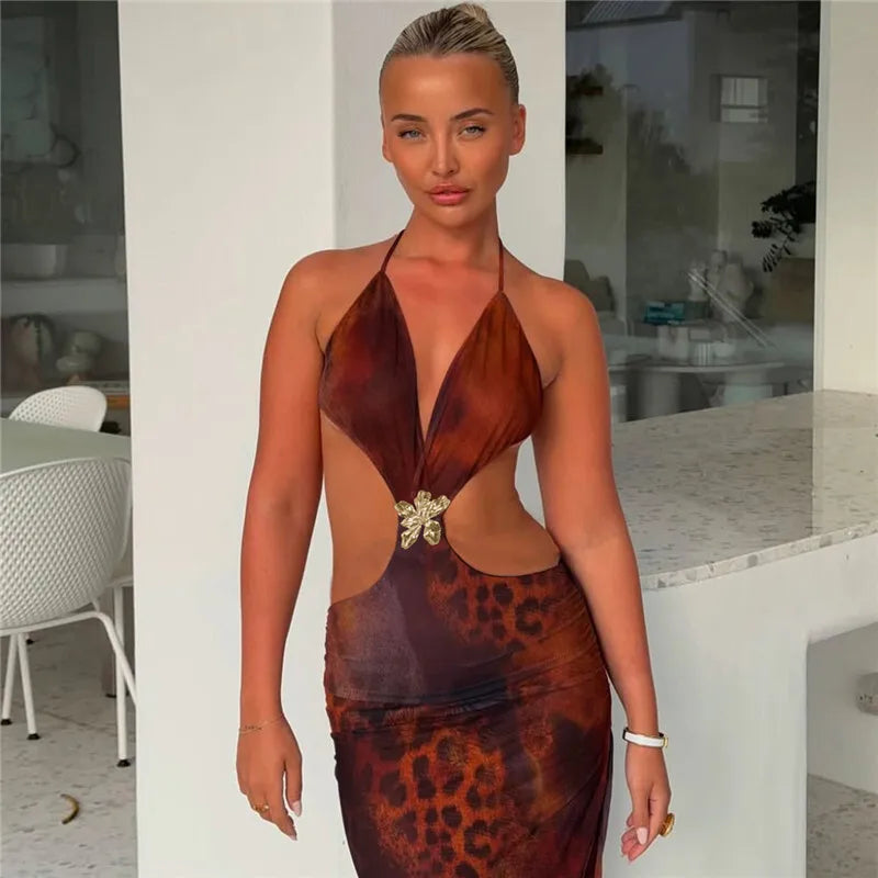 Halter Deep V Neck Print Sexy Maxi Dress For Women Gown Summer New Hollow Out Sleeveless Backless Beach Long Dress