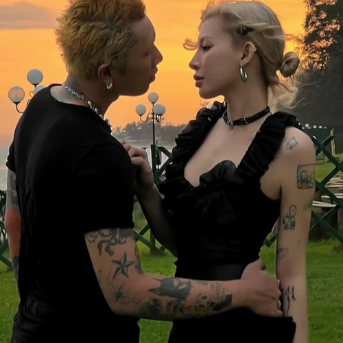 Load image into Gallery viewer, Harajuku Gauze Ruffled U Neck Tees Women Y2k Aesthetic Solid Vintage Sleeveless T-Shirt Streetwear See Through Grunge Slim Tops
