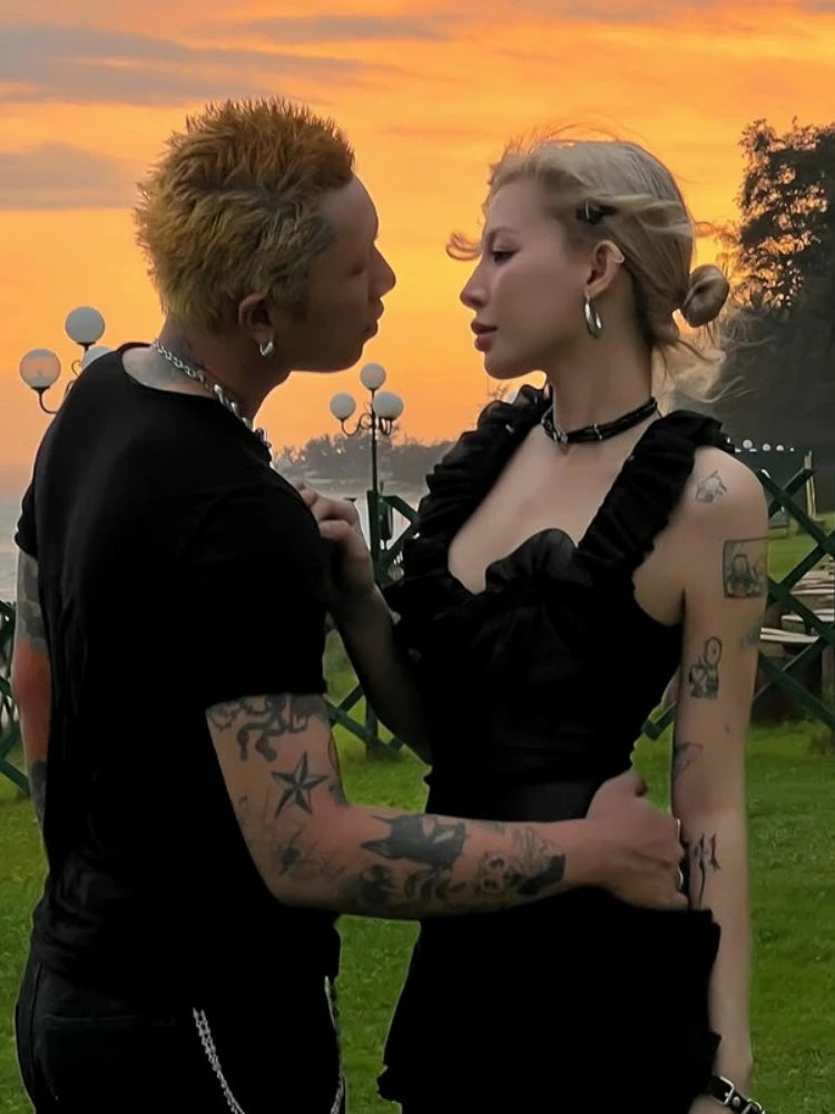 Harajuku Gauze Ruffled U Neck Tees Women Y2k Aesthetic Solid Vintage Sleeveless T-Shirt Streetwear See Through Grunge Slim Tops