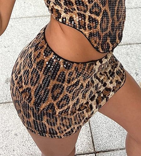 Sexy Leopard Printed Sequins Patchwork Mini Skirts Women Bodycon Low Waist Super Short Clubwear Skirt Vintage Bottoms