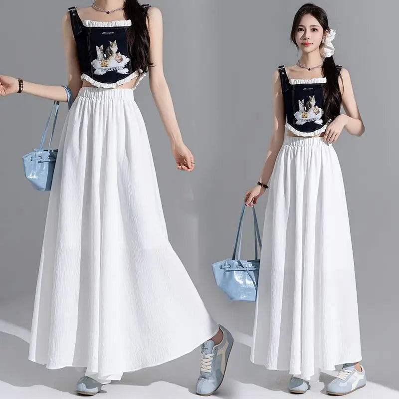 New Spring Summer White Loose Elastic High Waist Wide-leg Pants Casual Fashion Black Pleated Trousers Women Streetwear clothing