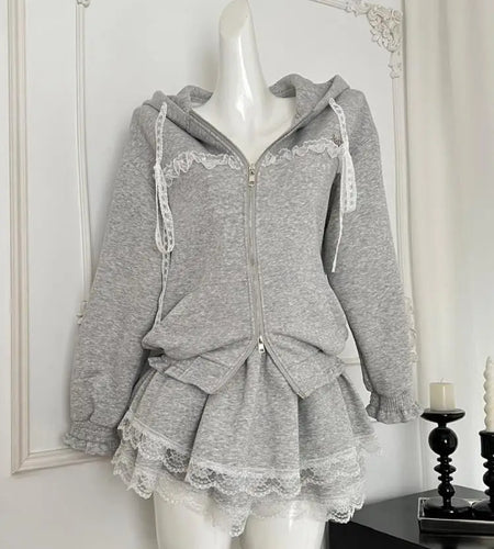 French Two Piece Set Autumn Women Grey Patchwork Lace Elegant Long Sleeve Hooded Tops And High Waist Cake Pleated Short Skirts