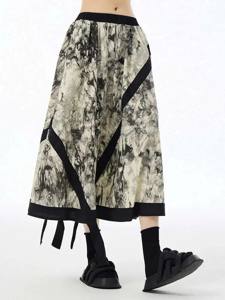 High Elastic Waist Black Tie Dye Ribbons Spliced A-line Half-body Skirt Women Fashion Tide New Spring Autumn 2025 1DH6608
