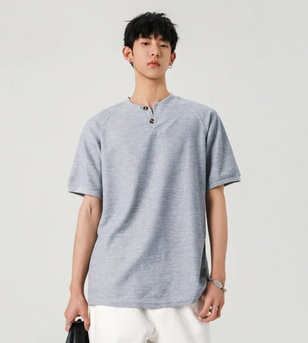 Male T-shirts New Korean Style O-neck Solid Color Buttons Short Sleeved Tops Men's Pullover Tees Summer Simple 2025 9W1249