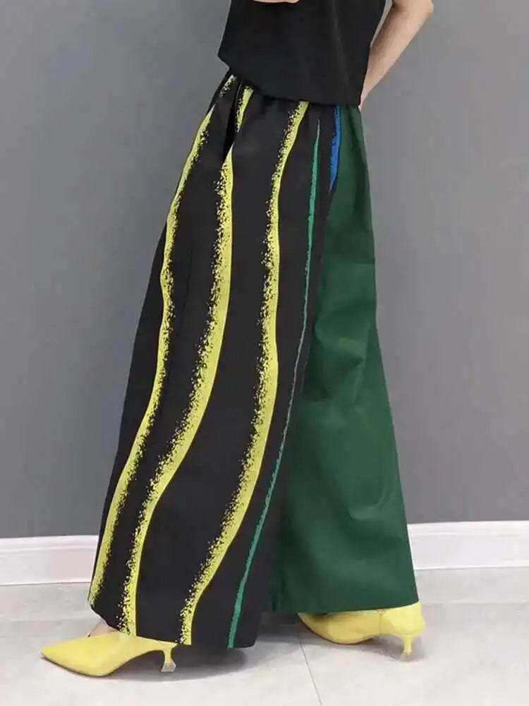Women Green Striped Color-block Wide Leg Pants High Elastic Waist New Loose Trousers Fashion Spring Autumn 2025 1DF9205