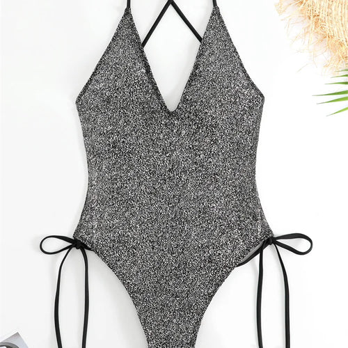 Load image into Gallery viewer, Silver One Piece Swimsuit Women 2024 Sexy High Cut Swimwear Drawstring Bathing Suit for Women Bandage Monokini
