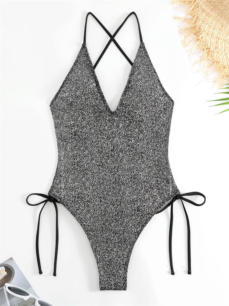 Silver One Piece Swimsuit Women 2024 Sexy High Cut Swimwear Drawstring Bathing Suit for Women Bandage Monokini