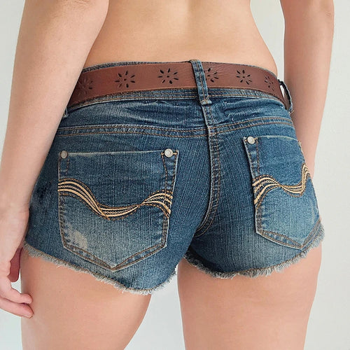 Load image into Gallery viewer, Streetwear Washed Low Waist Slimming Denim Shorts Women Summer Botton-Fly Mini Tassel Edge Micro Jeans Casual Bottoms
