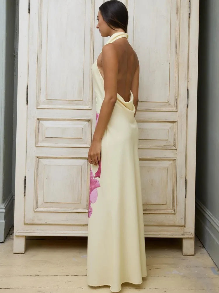 Sexy Backless Printed Swing Neck Dress For Women Slim Elegant Evening Dress Female Classical Temperament Maxi Party 2024