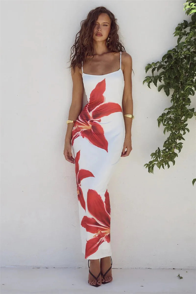 Floreal Print Long Dress For Women Gown Summer New Spaghetti Strap Sleeveless Backless Bodycon Sexy Midi Dress Elegant