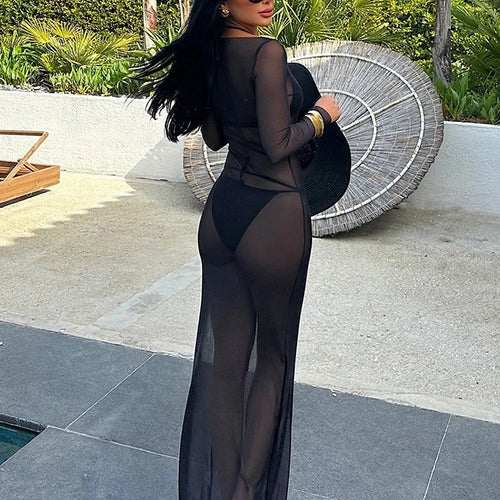 Load image into Gallery viewer, Sexy See Through Gauze Close Fitting Long Dress Basics Solid Color Straight Shoulder Long Sleeve Robe Summer Lady Clothes
