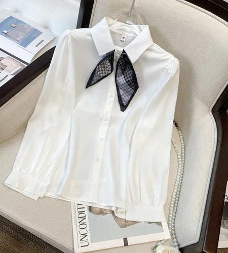 Spring Blue Versatile Blouse White Fashion Women Elegant Tops Casual Ladies Beige Long Sleeve Single Breasted Shirt Popular Chic