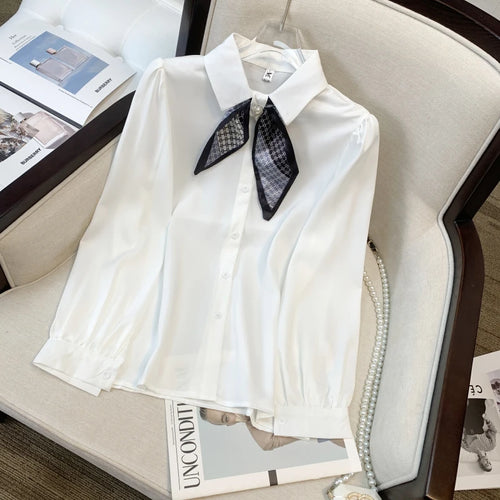 Load image into Gallery viewer, Spring Blue Versatile Blouse White Fashion Women Elegant Tops Casual Ladies Beige Long Sleeve Single Breasted Shirt Popular Chic
