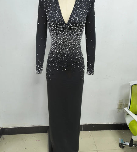 Solid Spliced Diamonds Slimming Dresses For Women V Neck Long Sleeve High Wiast Temperament Dress Femlae Fashion