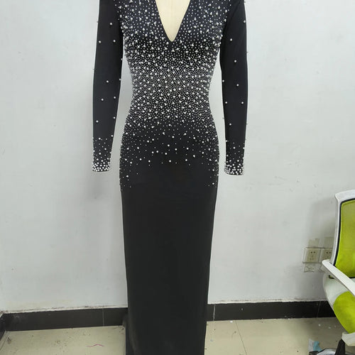 Load image into Gallery viewer, Solid Spliced Diamonds Slimming Dresses For Women V Neck Long Sleeve High Wiast Temperament Dress Femlae Fashion
