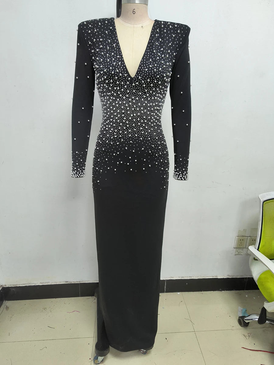 Solid Spliced Diamonds Slimming Dresses For Women V Neck Long Sleeve High Wiast Temperament Dress Femlae Fashion