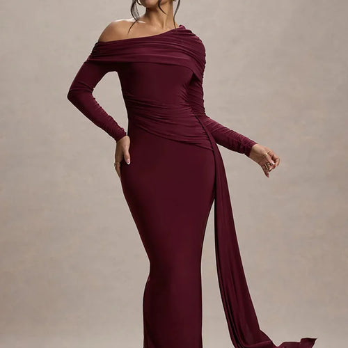 Load image into Gallery viewer, Elegant Long Sleeve Slanted Shoulder Party Club Evening Dress For Women 2025 New Dress Sexy Shrink Fold Winter Vestidos
