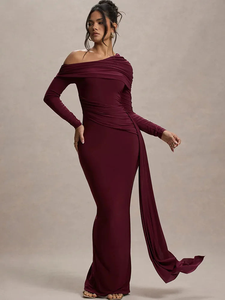 Elegant Long Sleeve Slanted Shoulder Party Club Evening Dress For Women 2025 New Dress Sexy Shrink Fold Winter Vestidos