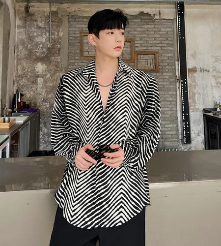 Men's Stripe Shirts New Summer Personalized Trendy Lapel Print Style Korean Male Long Sleeve Casual Shirt Tide 9A7867