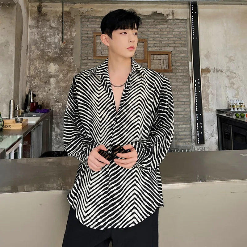 Men's Stripe Shirts New Summer Personalized Trendy Lapel Print Style Korean Male Long Sleeve Casual Shirt Tide 9A7867