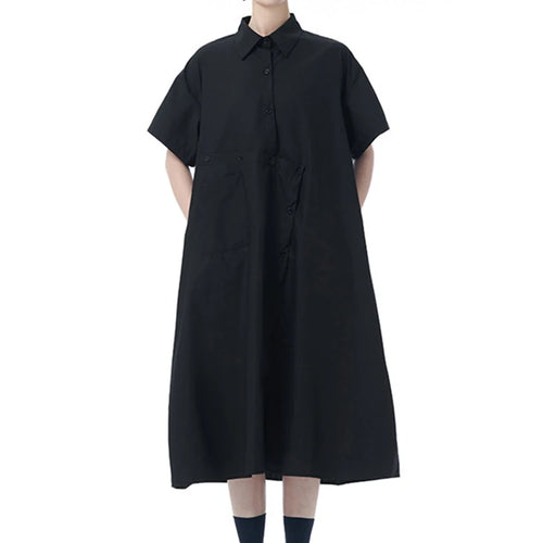 Load image into Gallery viewer, Women Black Irregular Button Big Size Midi Shirt Dress New Lapel Short Sleeve Fashion Tide Spring Summer 2025 1DJ0954
