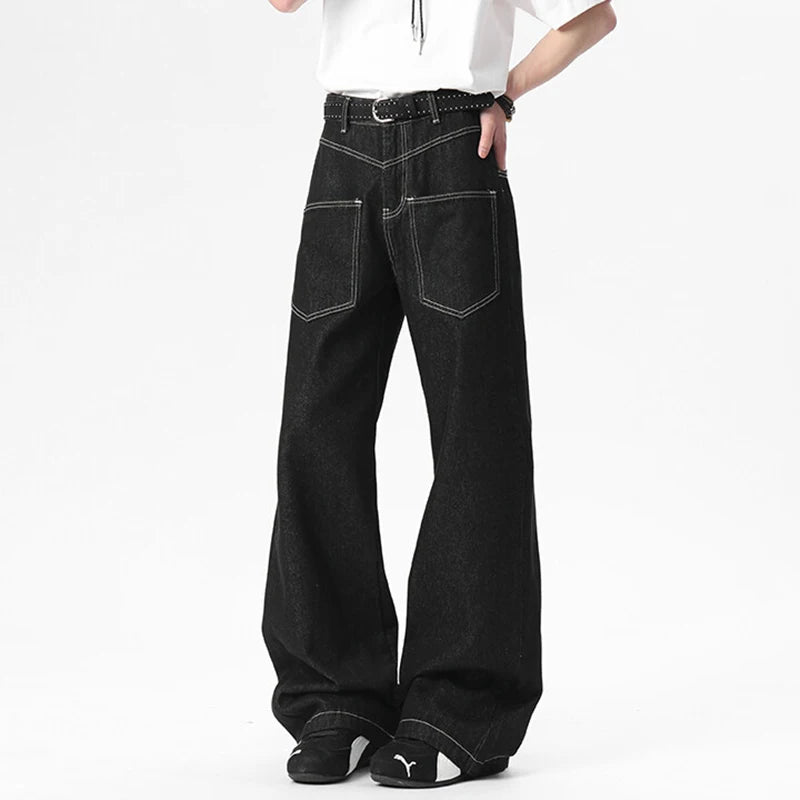 Men's Jeans New Micro Flared American Style Front Pockets Personaility Design Solid Color Fashion Male Bottoms 9W1654