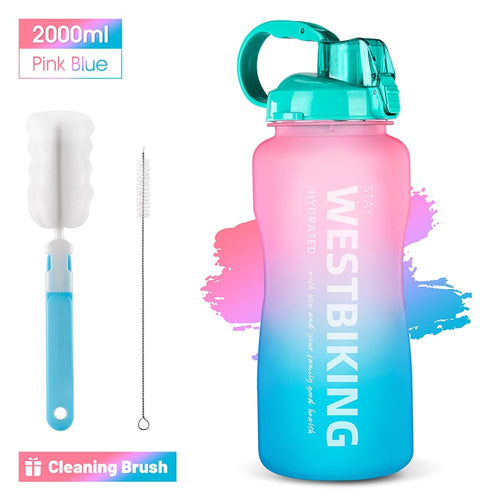 Load image into Gallery viewer, 2L Fitness Water Bottle Gradient Color Cycling Running Sport Large Capacity Portable Bottle With Cleaning Cup Brush
