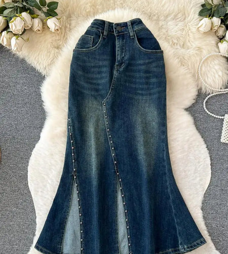 2023 New Women's Rivet Denim Split Long Skirt High Waist Blue Mermaid Jeans Skirts Female A-line Wrapped Hip Fishtail Skirt Chic