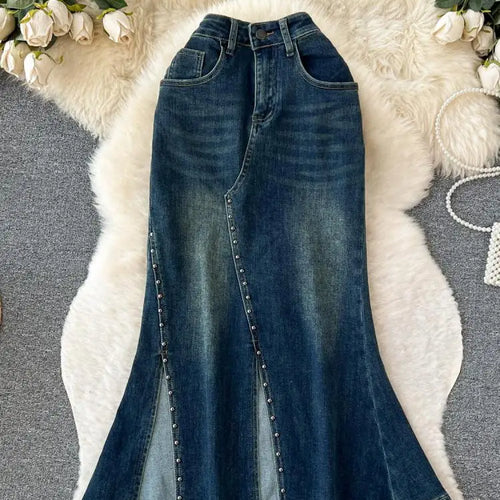 Load image into Gallery viewer, 2023 New Women's Rivet Denim Split Long Skirt High Waist Blue Mermaid Jeans Skirts Female A-line Wrapped Hip Fishtail Skirt Chic
