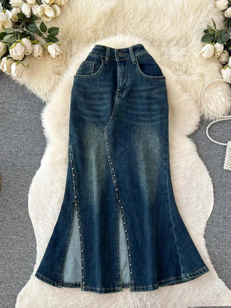 2023 New Women's Rivet Denim Split Long Skirt High Waist Blue Mermaid Jeans Skirts Female A-line Wrapped Hip Fishtail Skirt Chic