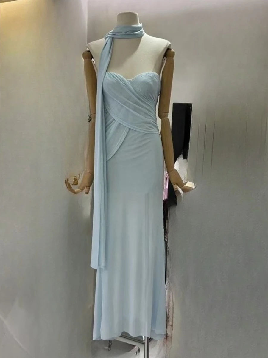 Slimming Sheer Spliced Folds Sexy Dresses for Women Strapless Sleeveless Patchwork Ribbon Elegant Dress Female New