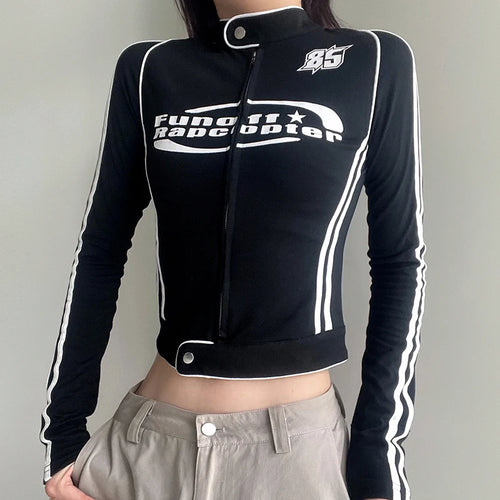 Load image into Gallery viewer, Harajuku Stripe Stitched Fitness Autumn T-shirt Jacket Zip Up Letter Print Casual Moto&amp;Biker Style Women Top Outwear
