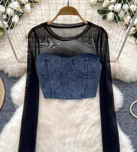 Retro Women Denim Patchwork Mesh Long Sleeved Short Top Autumn Korean Fashion Versatile Elegant Round Neck T Shirt Trend Popular