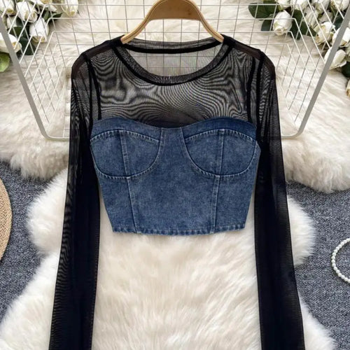 Load image into Gallery viewer, Retro Women Denim Patchwork Mesh Long Sleeved Short Top Autumn Korean Fashion Versatile Elegant Round Neck T Shirt Trend Popular
