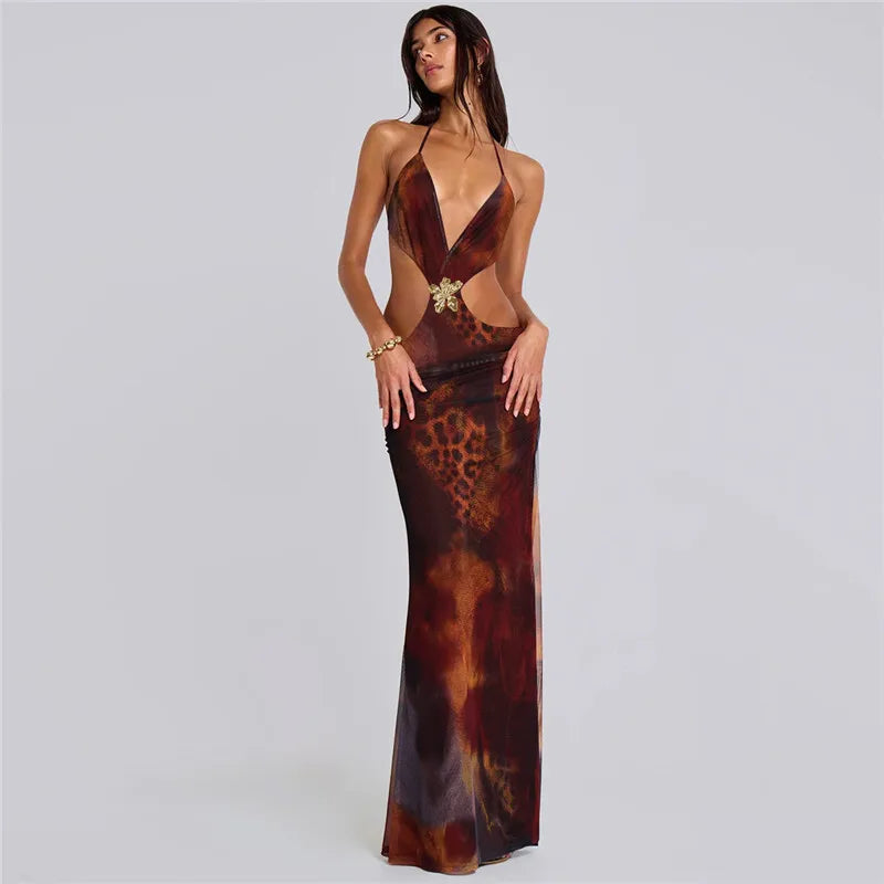 Halter Deep V Neck Print Sexy Maxi Dress For Women Gown Summer New Hollow Out Sleeveless Backless Beach Long Dress