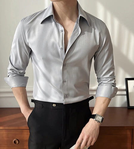 Men's Business Long Sleeved Shirts New Korean Style Solid Color Simple Trendy Lapel Loose Male Handsome Clothing 9W1874