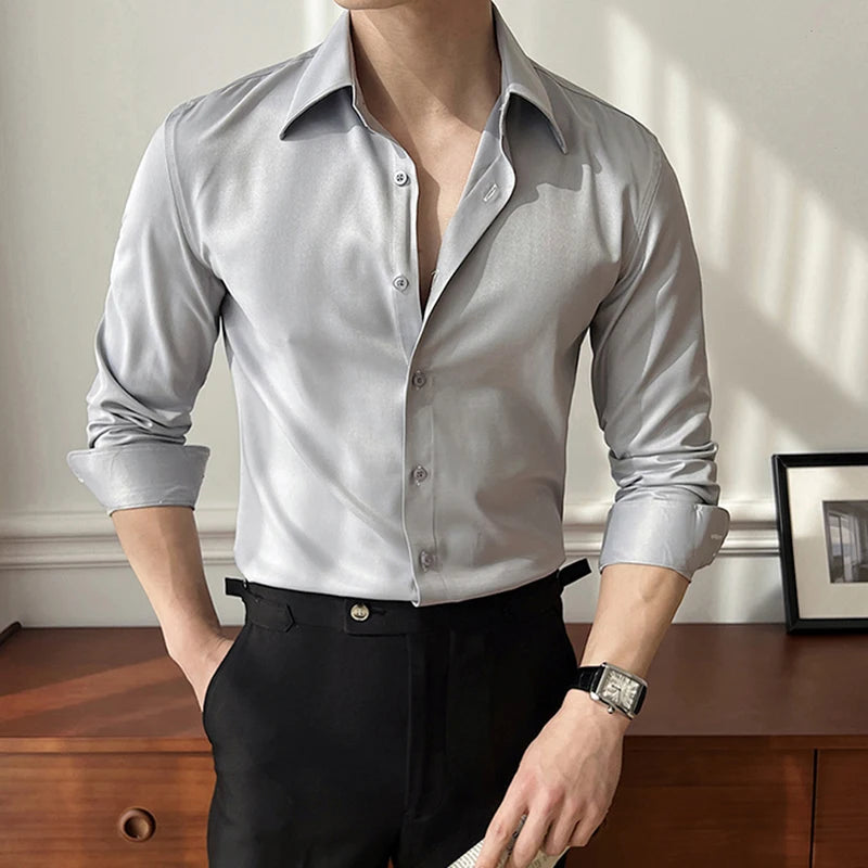 Men's Business Long Sleeved Shirts New Korean Style Solid Color Simple Trendy Lapel Loose Male Handsome Clothing 9W1874