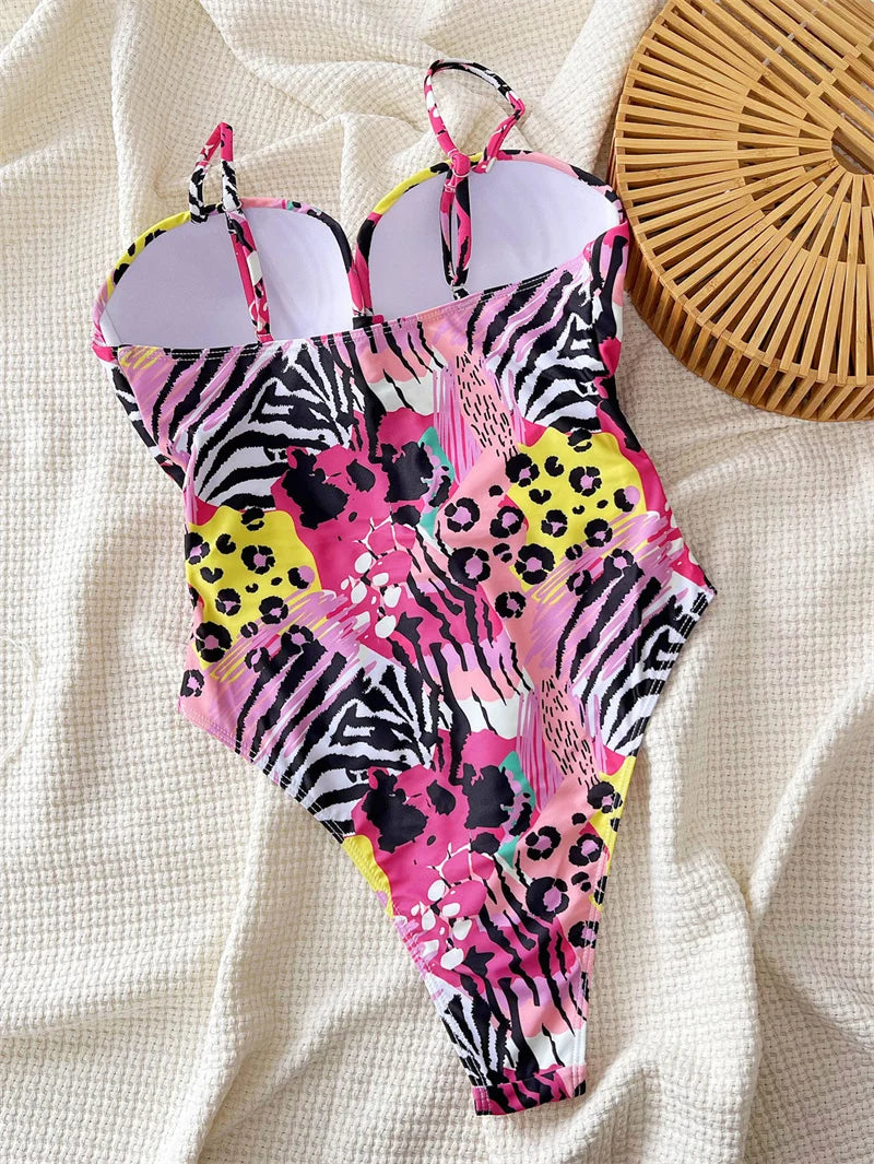 Sexy Leopard Print Women One Piece Swimwear 2025 High Waist Backless Monokini Hollow Out Bathing Suit