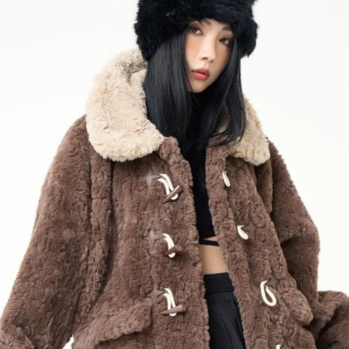 Load image into Gallery viewer, Contrast Color Streetwear Fashion Fluffy Warm Jackets Y2k Aesthetic All Match Horn Button Tops Casual Grunge Loose Coats Women
