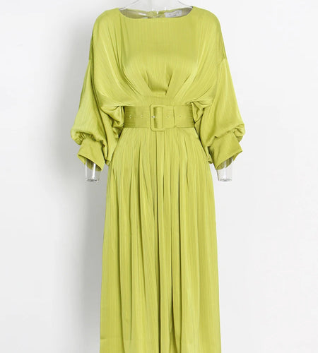 Solid Loose Long Dress For Women Slash Neck Lantern Sleeve High Waist Spliced Belt Midi Dresses Female Fashion New