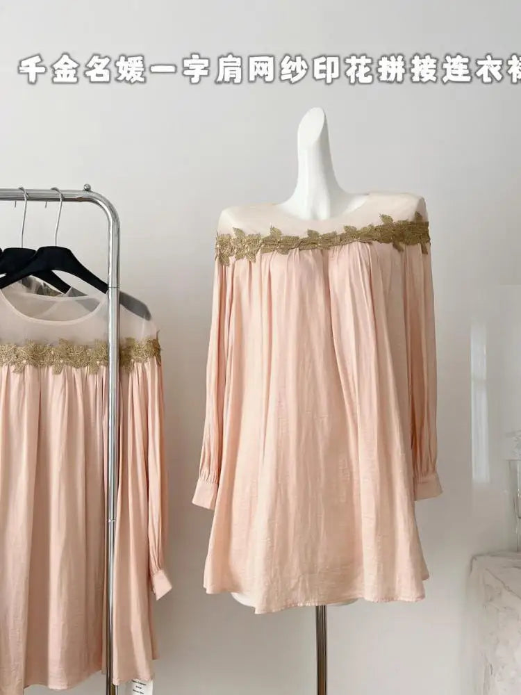 Vintage Women's Elegant Pink Patchwork Mini Dress Autumn French Long Sleeve Round Neck Vacation Pleated Short Dress Popular Chic