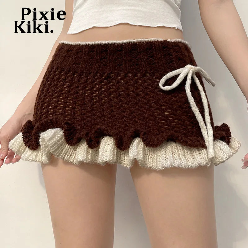 Kawaii Girls Y2k Knit Ruffled Fuzzy Skirt Lolita Style Winter Bottom Coquette Low Rise Mini Skirts for Woman P67-CG17