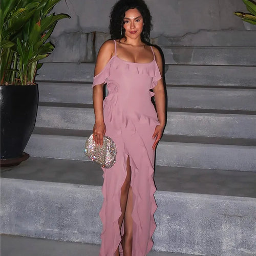 Load image into Gallery viewer, Elegant Ruffle Sexy Maxi Dress Women Spaghetti Strap Flower Sleeveless Backless High Split Club Party Evening Dress
