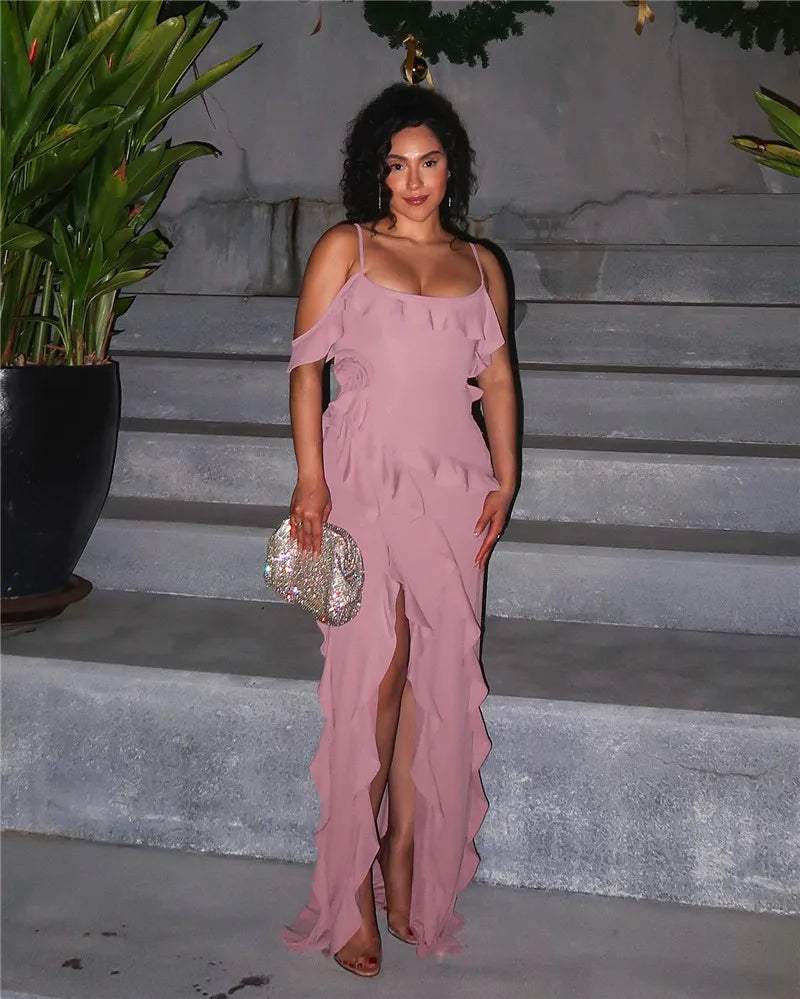 Elegant Ruffle Sexy Maxi Dress Women Spaghetti Strap Flower Sleeveless Backless High Split Club Party Evening Dress