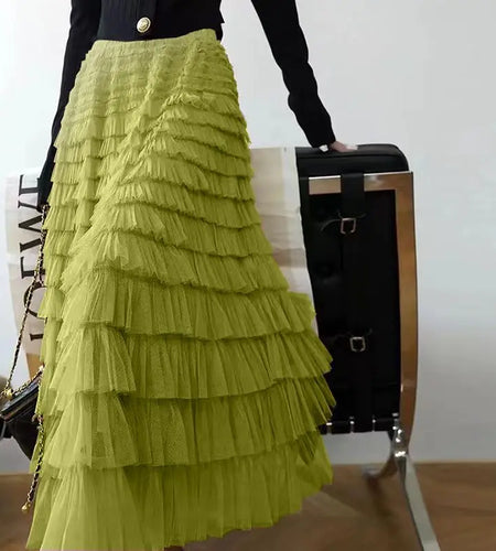 Solid Mesh Cake Skirts Women Elegant Cascading Ruffles A Line Long Skirt Female Casual Elastic Waist Party Princess Skirt French