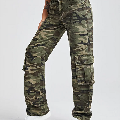 Load image into Gallery viewer, Camouflage Denim Trousers For Women High Waist Patchwork Button Temperament Safari Style Cargo Pants Female
