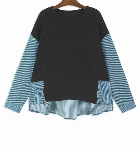 Blue Knitting Striped Irregular Sweatshirt New Round Neck Long Sleeve Women Big Size Fashion Spring Autumn 2025 1DH8043